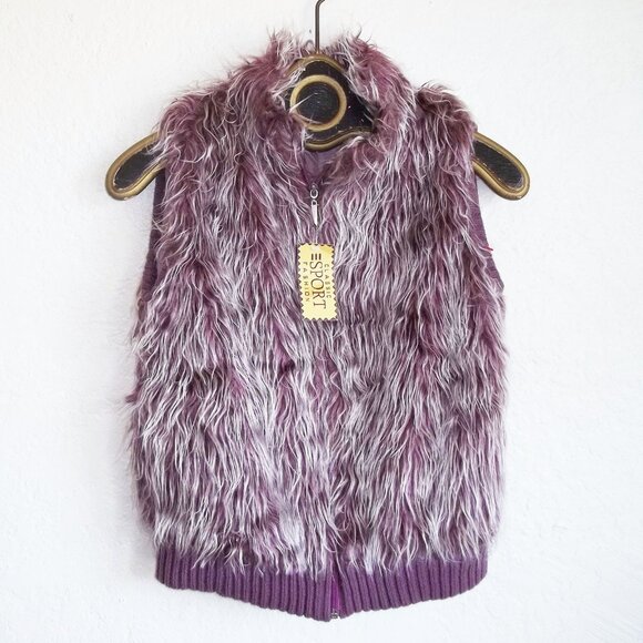 Boho Glamour Gal Mob Wife Shaggy Frosted Purple Plum Faux Fur Knit Vest NWT Sz M - Picture 1 of 4